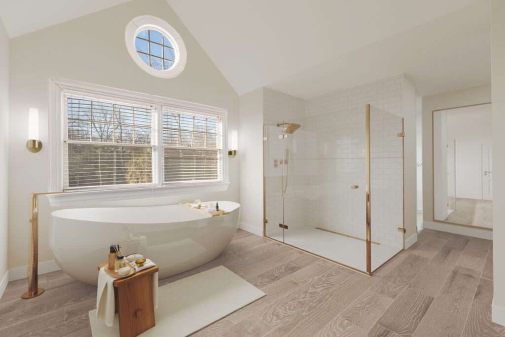 UpdatedBathroom Updated bathroom with freestanding tub and modern white and gold accents and finishings