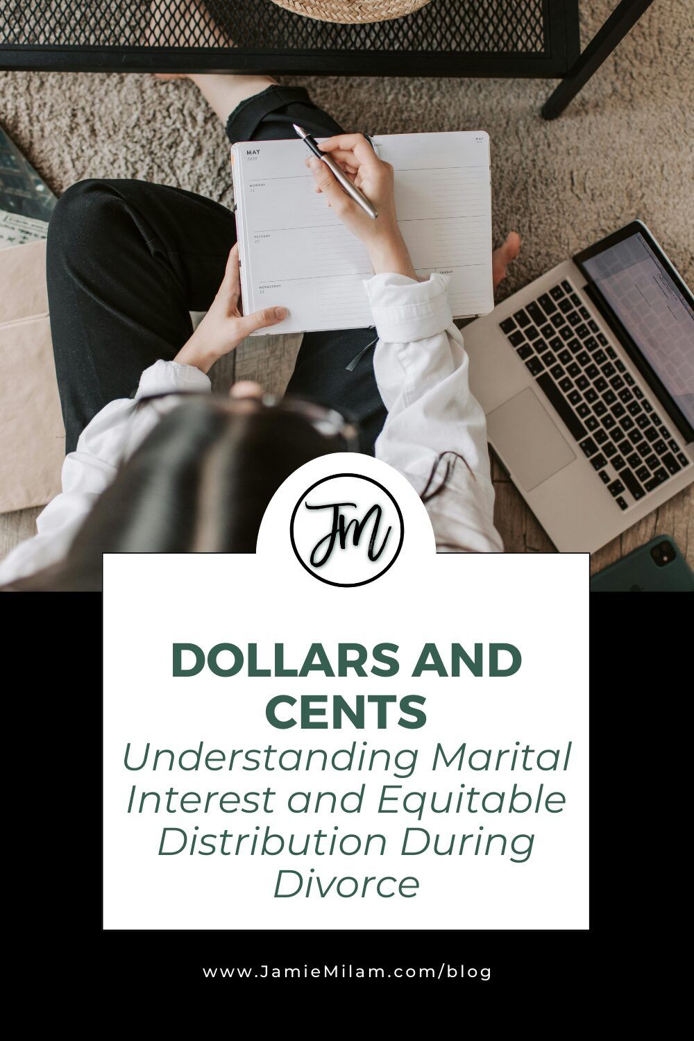 Picture of a woman signing papers and the text "Dollars and Cents: Understanding Marital Interest and Equitable Distribution During Divorce"