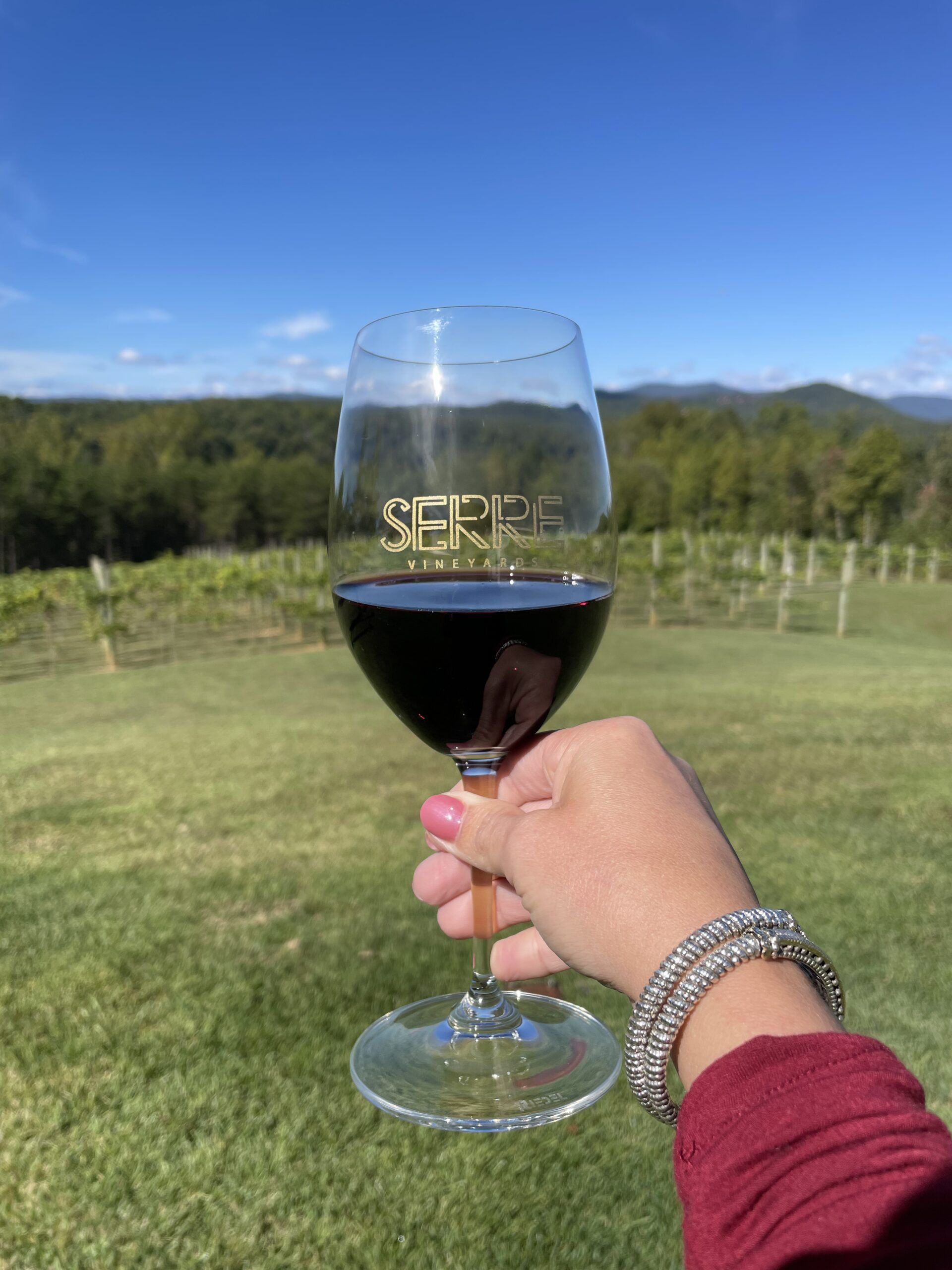 Holding up a wine glass in front of the backdrop of a winery. Glass says "Serre Vineyards."