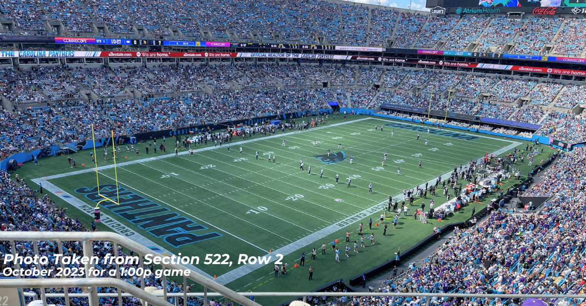 The Bank of America Stadium in Charlotte North Carolina. Text says "Photo taken from section 522, row 2; October 2023 for a 1:00p game"