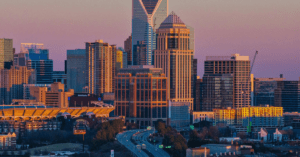 Image of Charlotte, North Carolina's skyline at sunset.