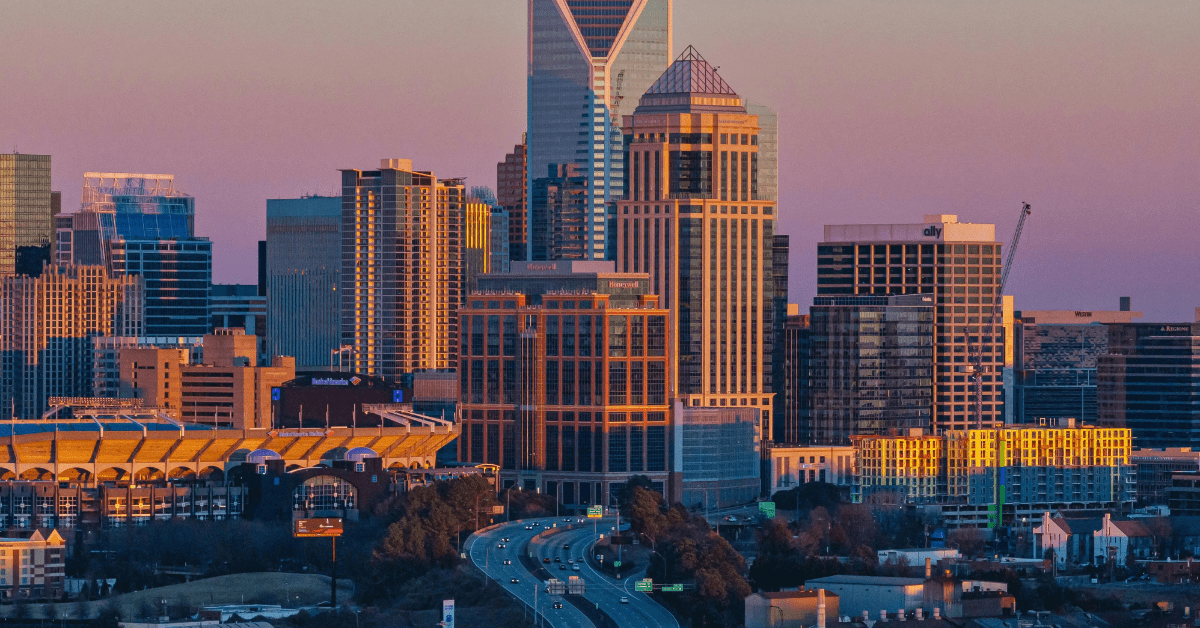 Image of Charlotte, North Carolina's skyline at sunset.