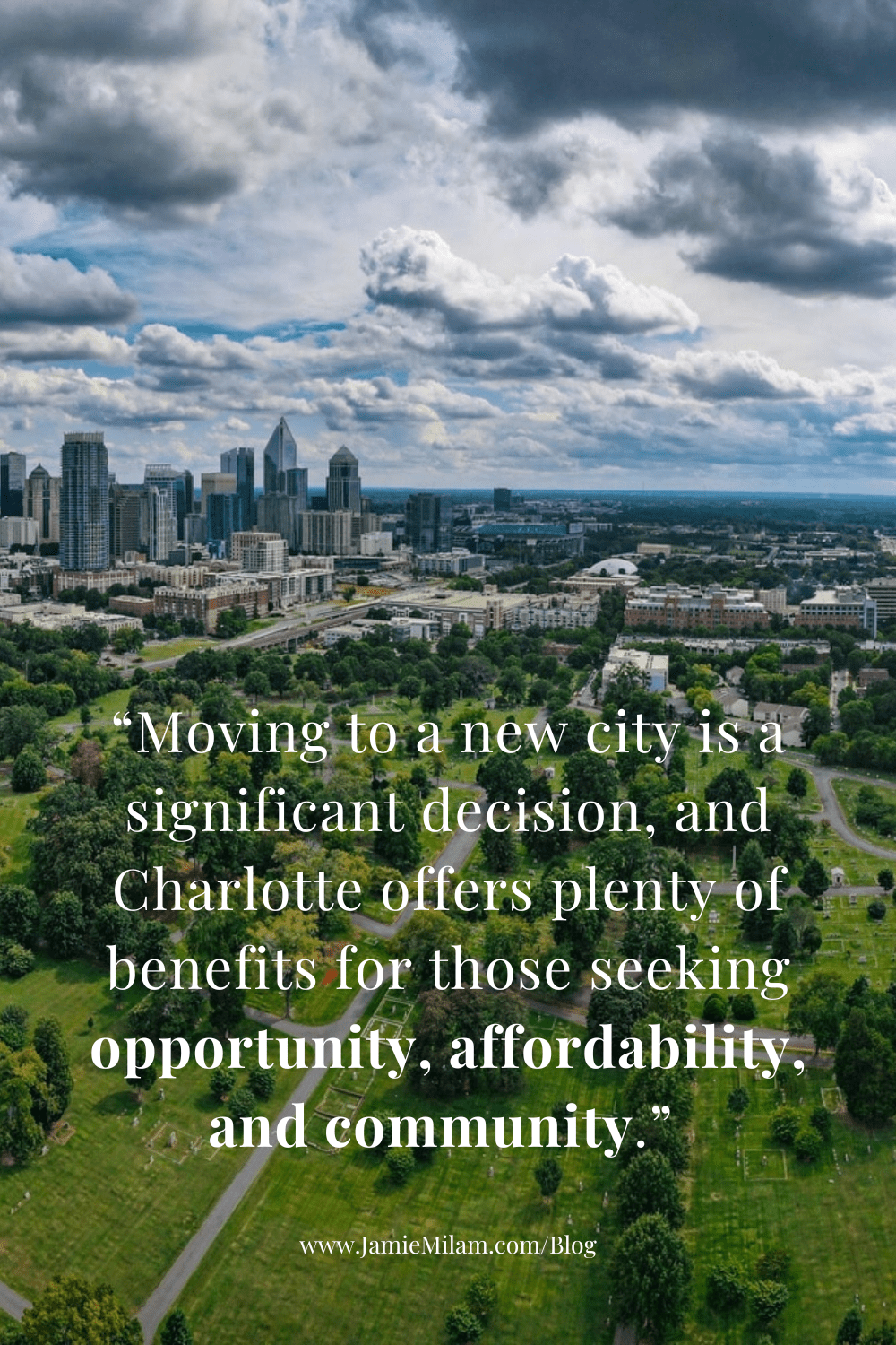 Image of the Charlotte North Carolina skyline and text that says "Considering the Queen City? 11 Pros and Cons of Moving to Charlotte, North Carolina."