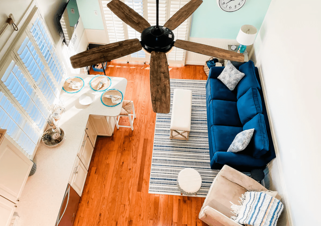 Aerial image of an Airbnb living room in Myrtle Beach