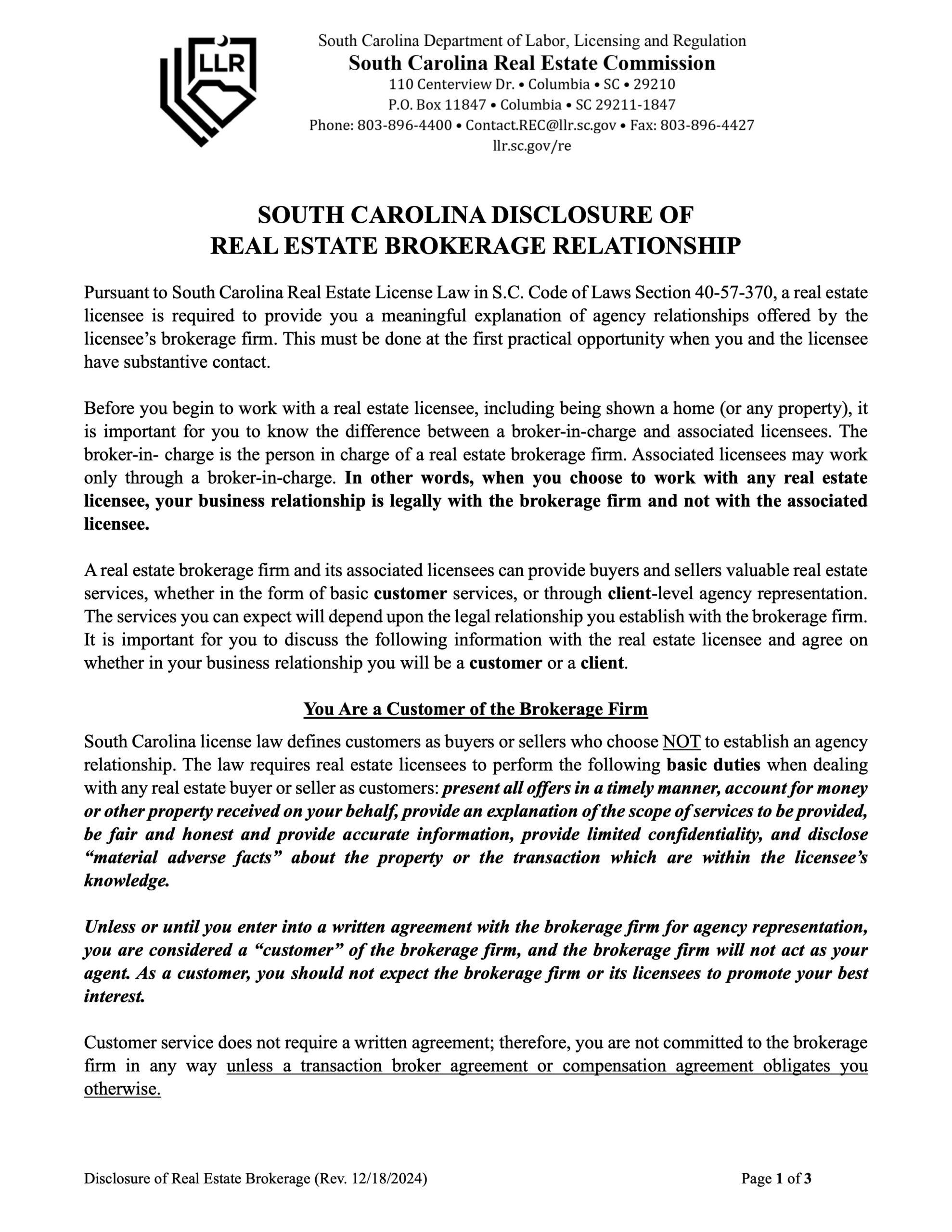 Disclosure of Real Estate Brokerage Relationships - Listing (SCAR 110)p1