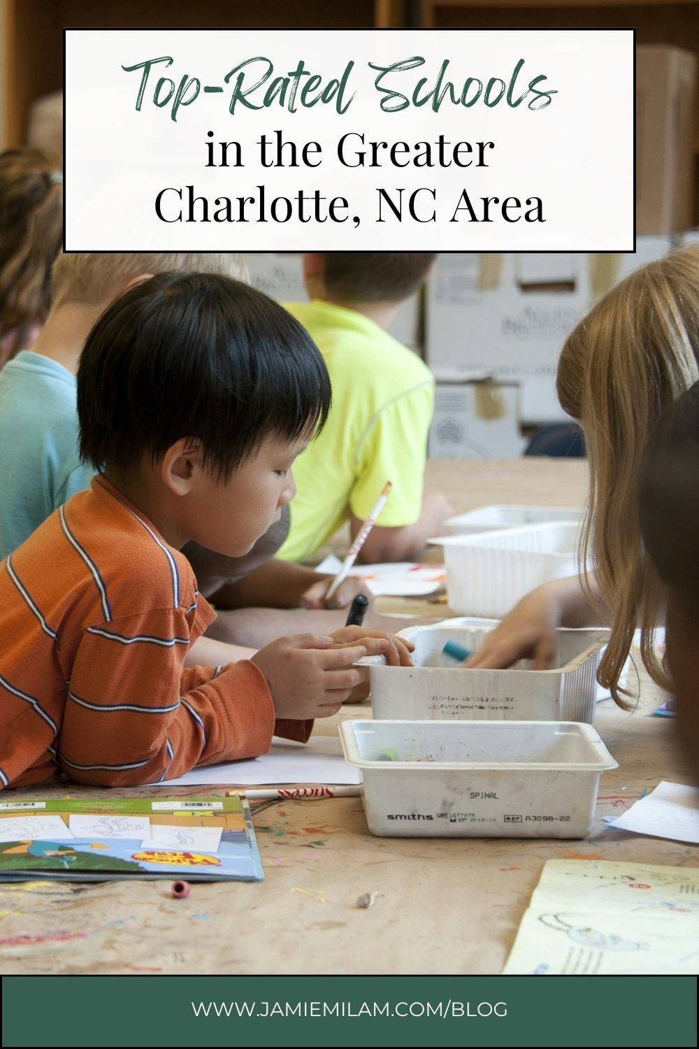 32 Top-Rated Schools in Charlotte image of Children sitting in a school classroom and text that says 32 Top-Rated Schools in the Greater Charlotte, NC Area