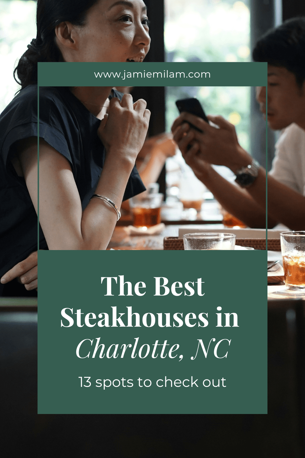 13 Best Steakhouses in Charlotte (2) Image of a woman eating a steak dinner and the text, "Best Steakhouses in Charlotte: 13 Spots for Your Next Night Out"