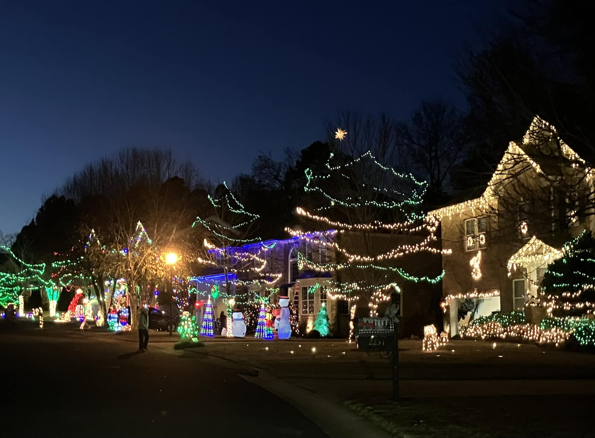 Houses decorated with holiday lights in Shelly Woods, Charlotte