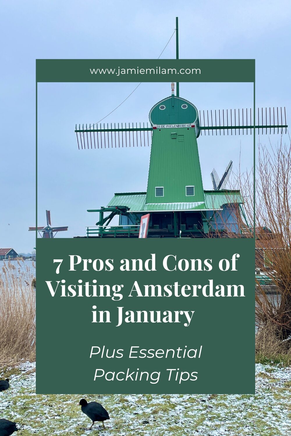 Image of a green windmill in Amsterdam and the text 7 Pros and Cons of Visiting Amsterdam in January [Plus Essential Packing Tips!]